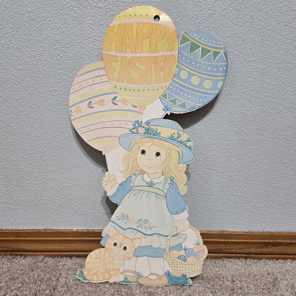 Girl with Balloons Easter Decor Cardboard Die Cut Cat Basket Eggs